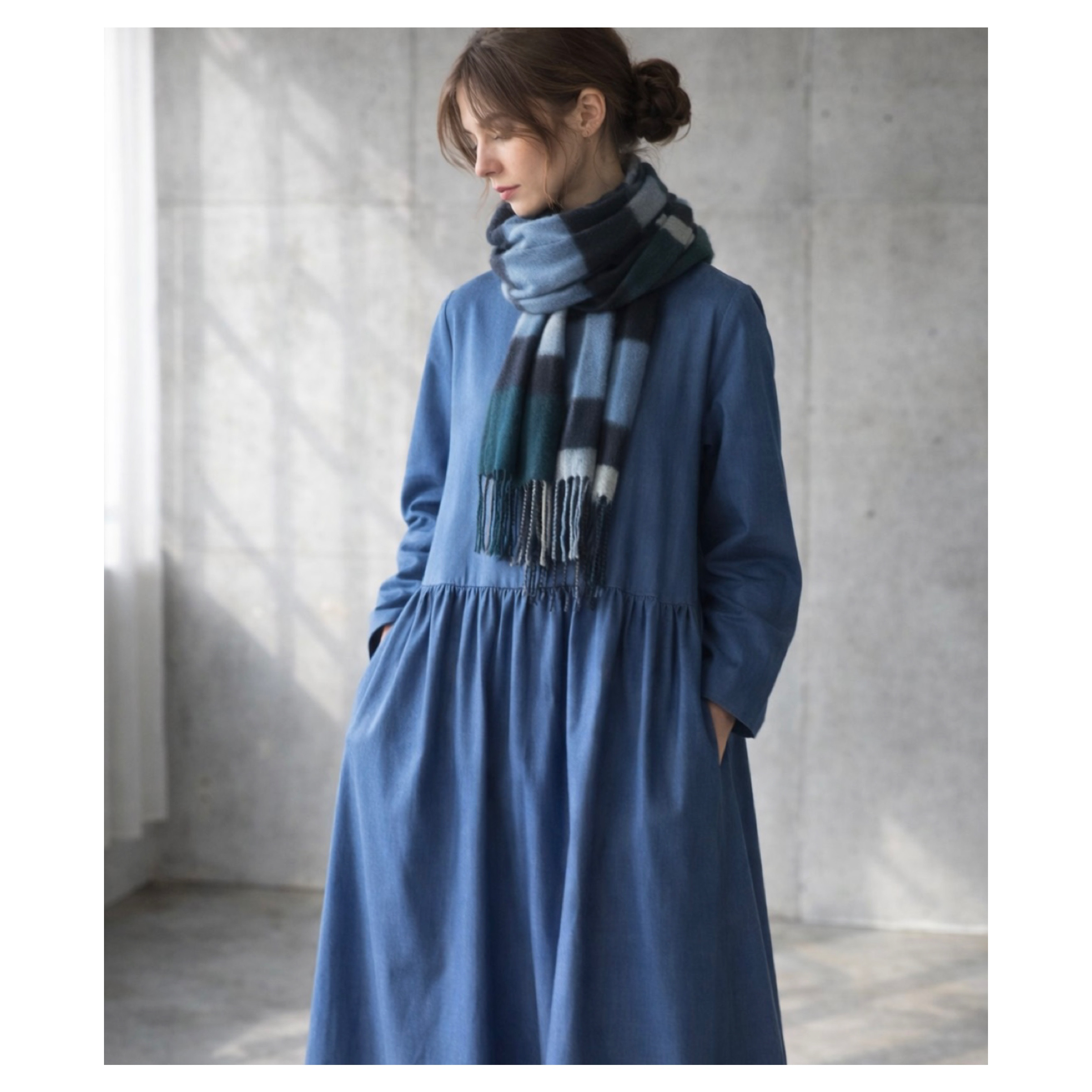 岡山県児島デニムのたっぷりギャザーワンピース／ボリューム満点8オンスくったりソフトデニムワンピース／ブルー