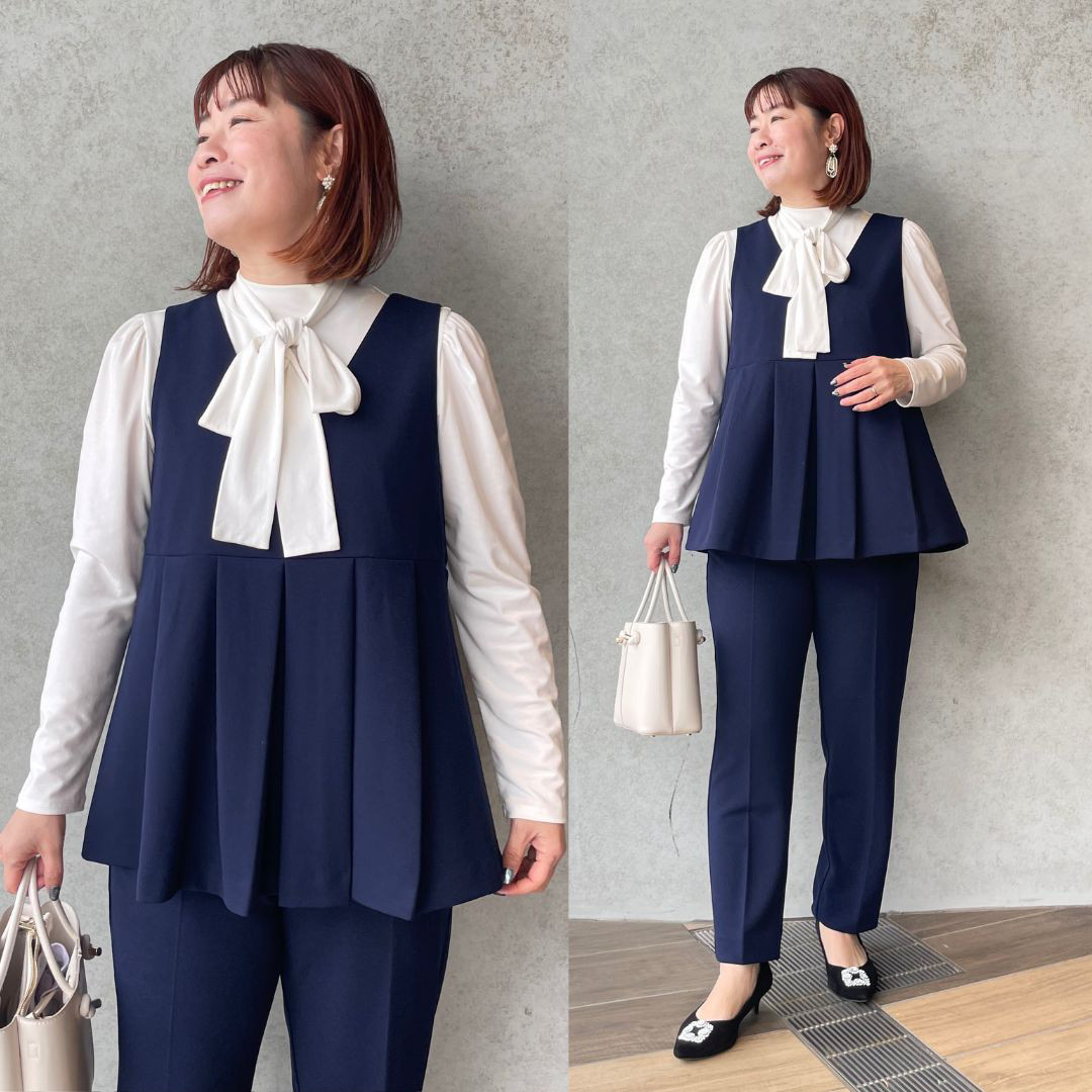 2点セットアップ■上品プリーツジレ＆美脚ストレッチパンツ 紺【フリー】卒業式 フォーマル KMC-781 169663