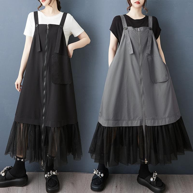 大きいサイズ サロペット　ワンピース　レディース 春夏　 新品 異素材　チュール