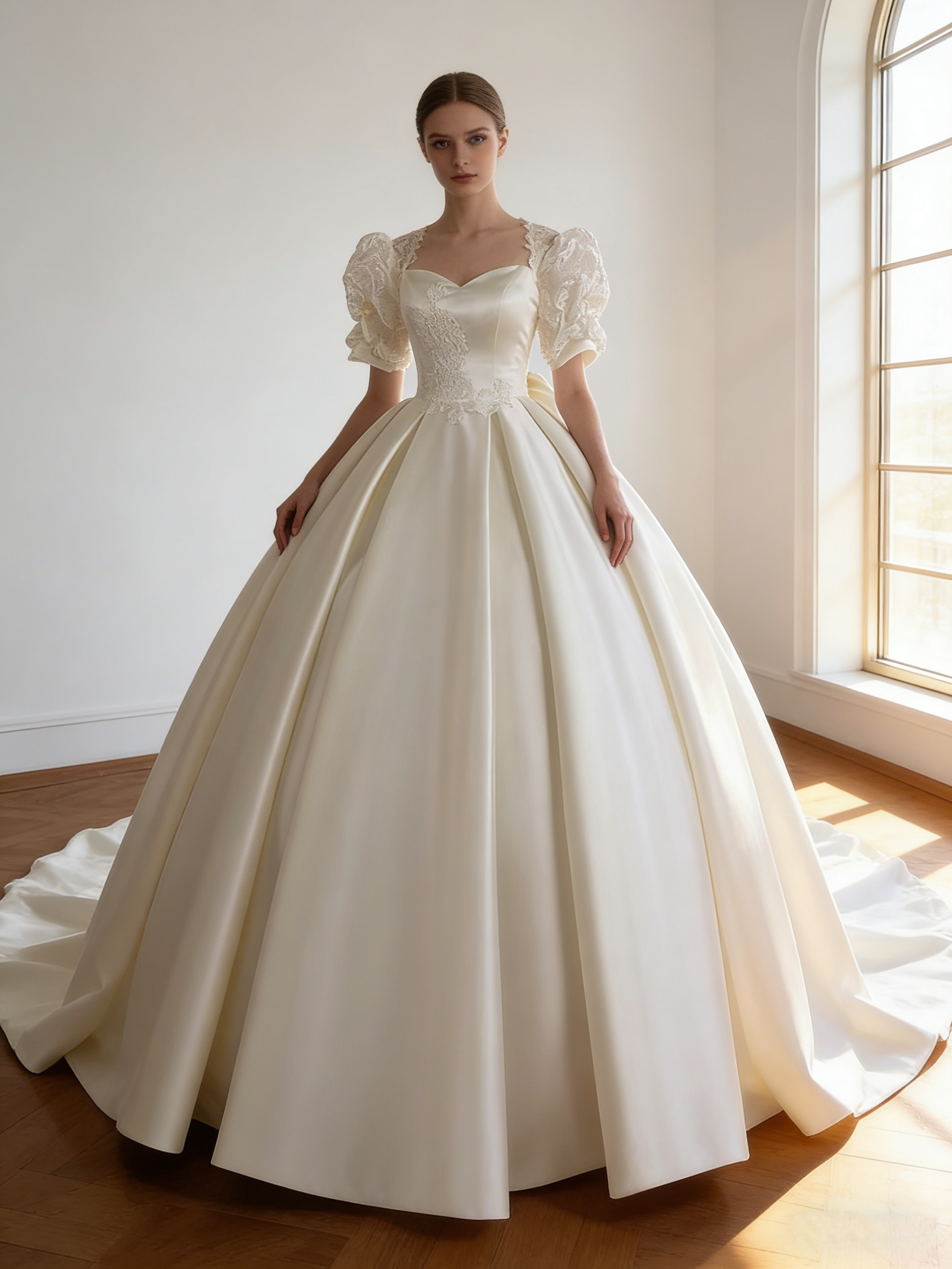 ウエディングドレス  オフホワイト 姫袖 光沢サテン  華やかなトレーン  編み上げ   結婚式