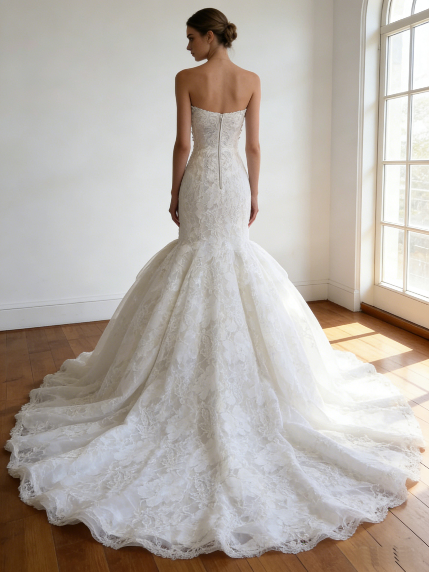 ウエディングドレス  オフホワイト  ビスチェドレス  ソフトマーメイドライン  華やかなトレーン  結婚式