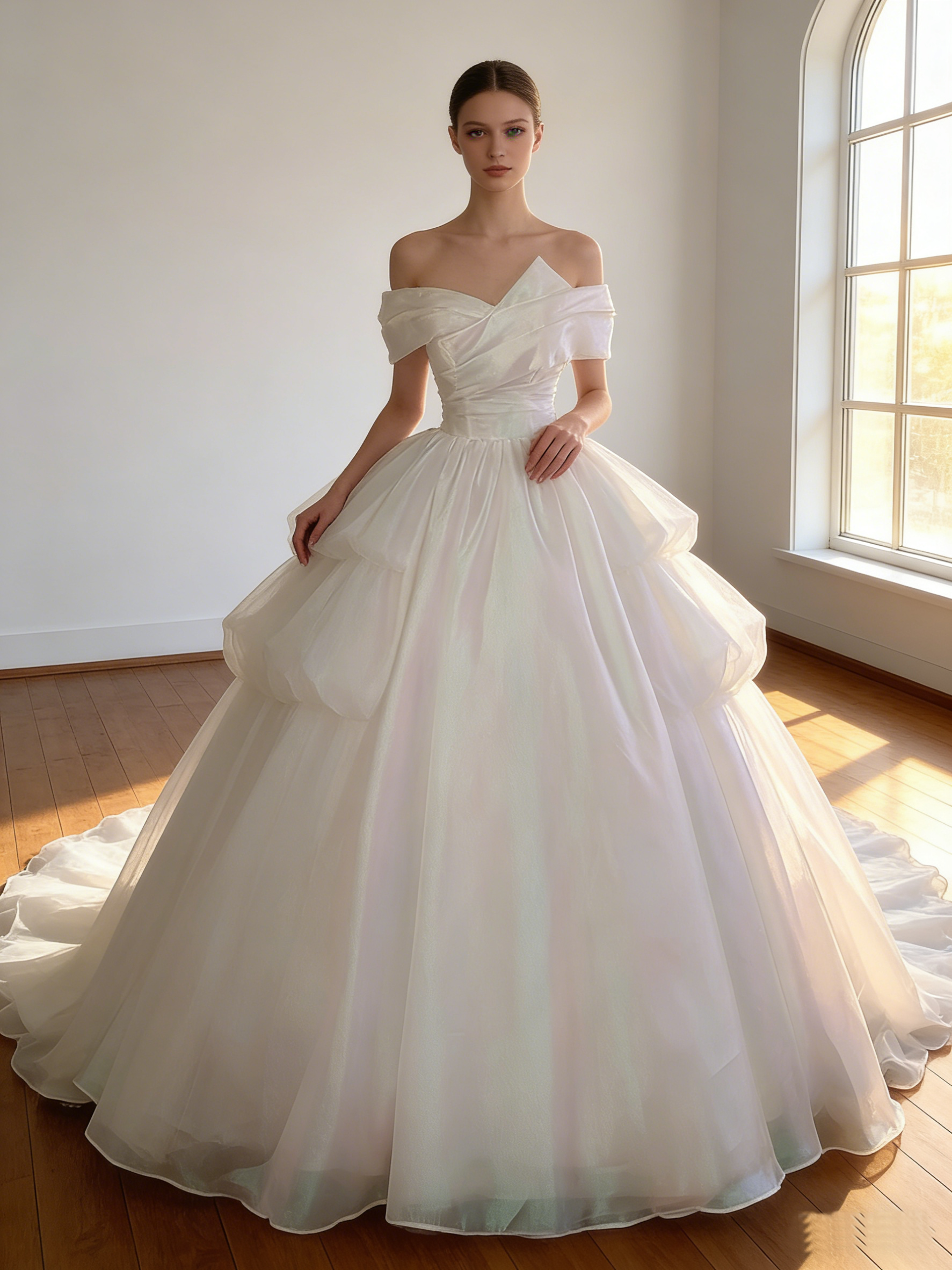 ウエディングドレス  オフホワイト  ビスチェドレス  オフショルダー  華やかなトレーン  韓国風ドレス ブライダル