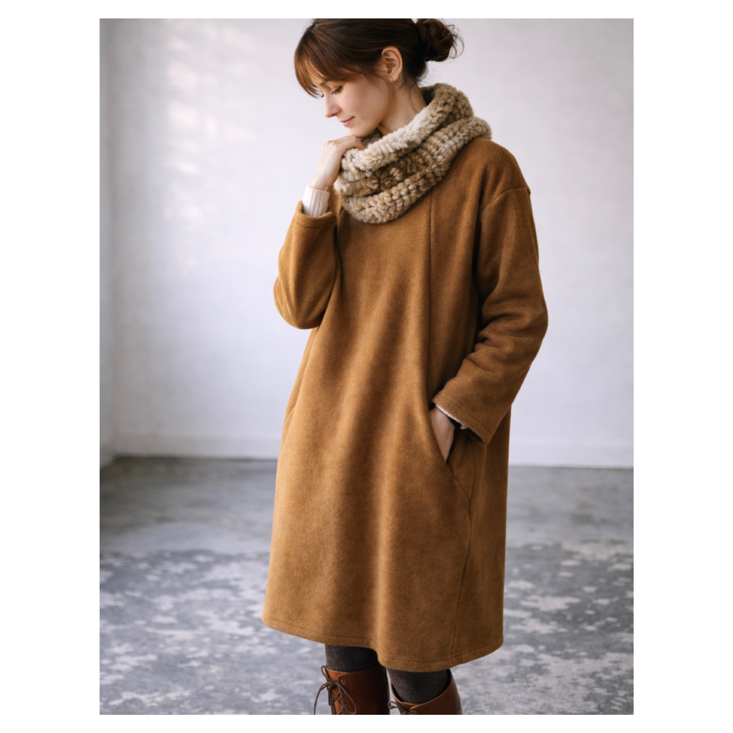 大人のモコモコ高級メルトンフリースワンピース／メルトンフリースコクーンワンピース／全9色／キャメル