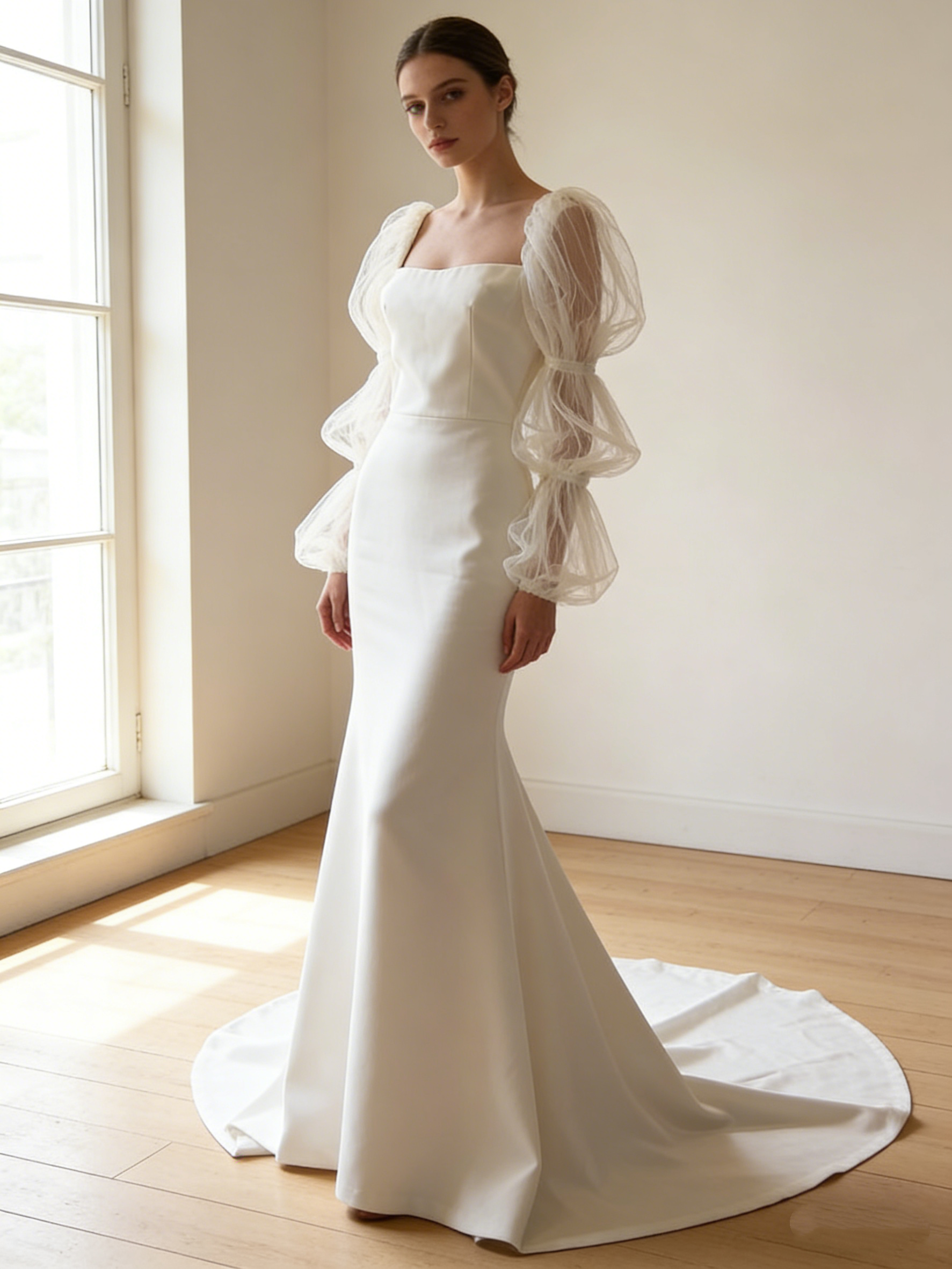 送料無料！パーティードレス ロングスリーブ マーメイドライン クレープ生地 パフスリーブ スクエアネック 二次会