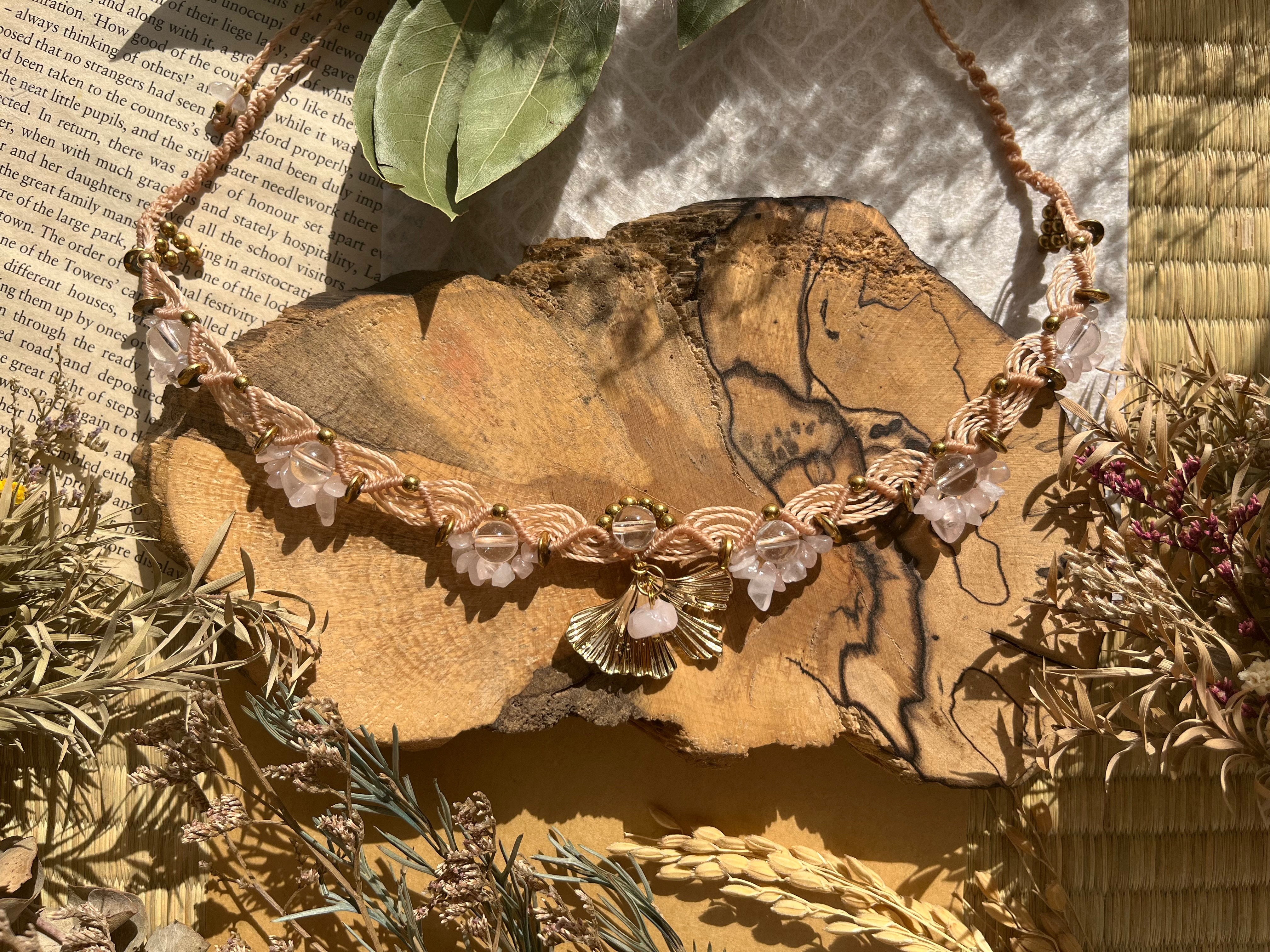 青海波模様＊銀杏Rose Quartz.hematite.crystal〜choker