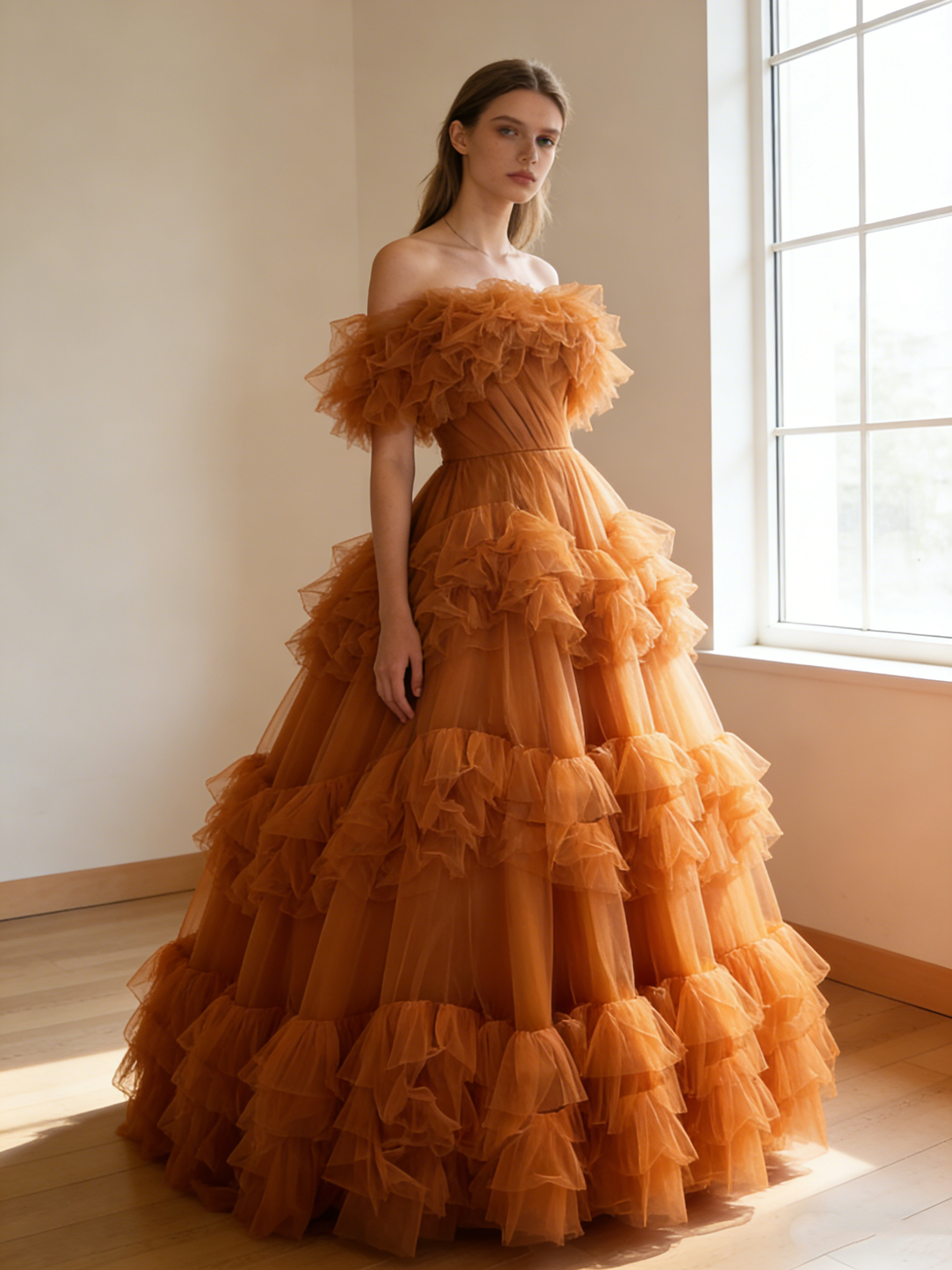 送料無料！カラードレス オレンジ オフショルダー ふわふわドレス ロング プリンセスライン 結婚式  ソフトチュール