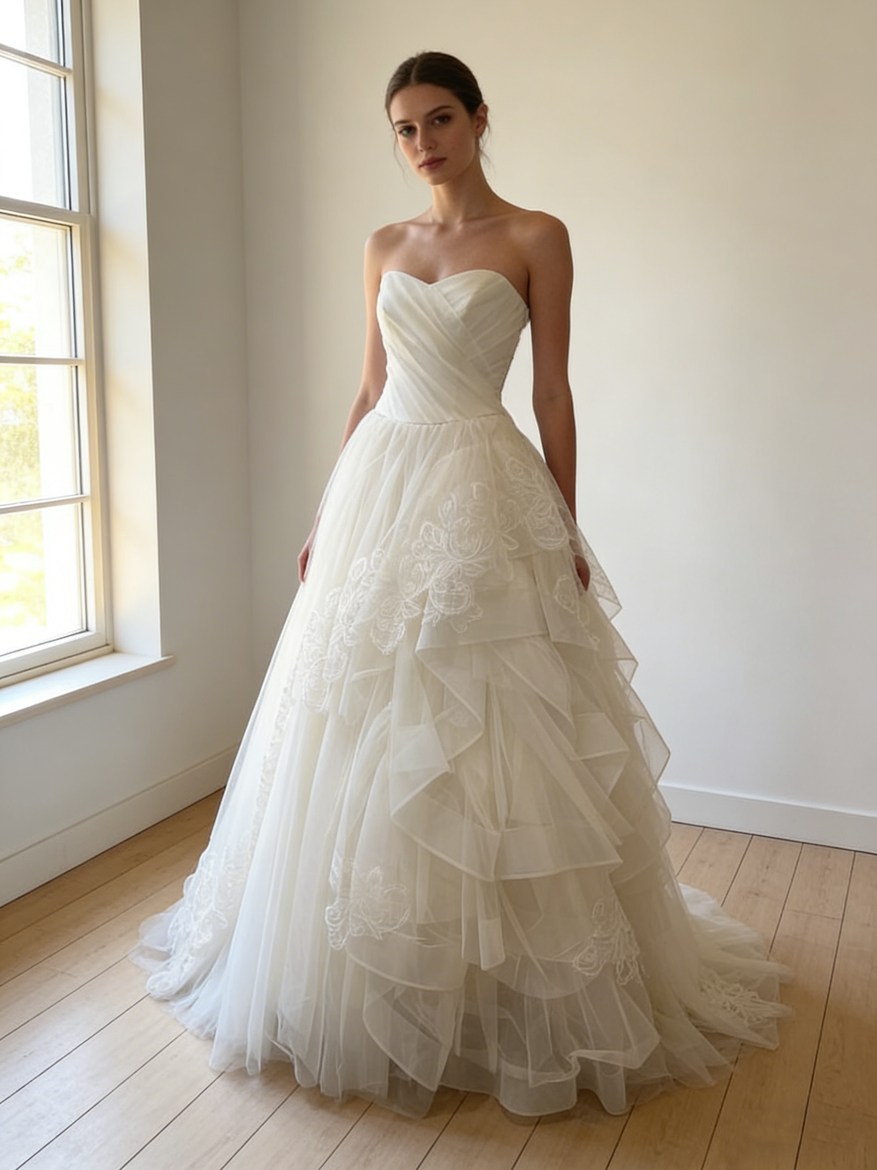 送料無料！ウェディングドレス ビスチェドレス ラッフルフリル アシンメトリードレス 流れる透け花レース  結婚式