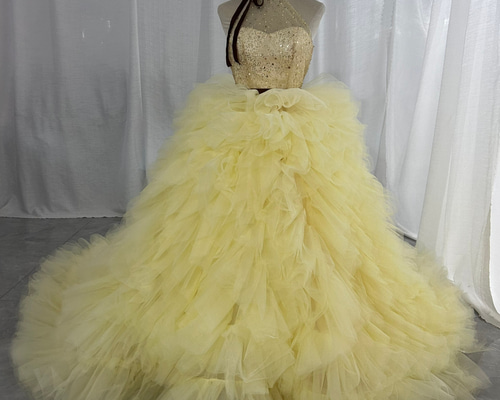 もこもこ イエロー キラキラチュール カラードレス チュールドレス