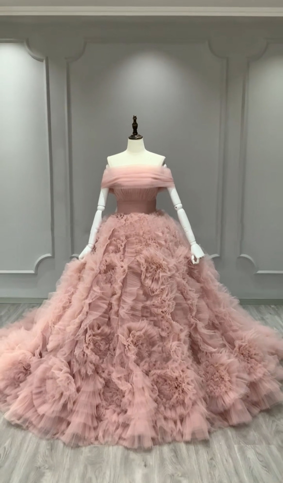 【値下げしました！】くすみピンク ボリューム チュール ティアードドレス kd141yi】ボリュームチュールティアードカラードレス プリンセスライン