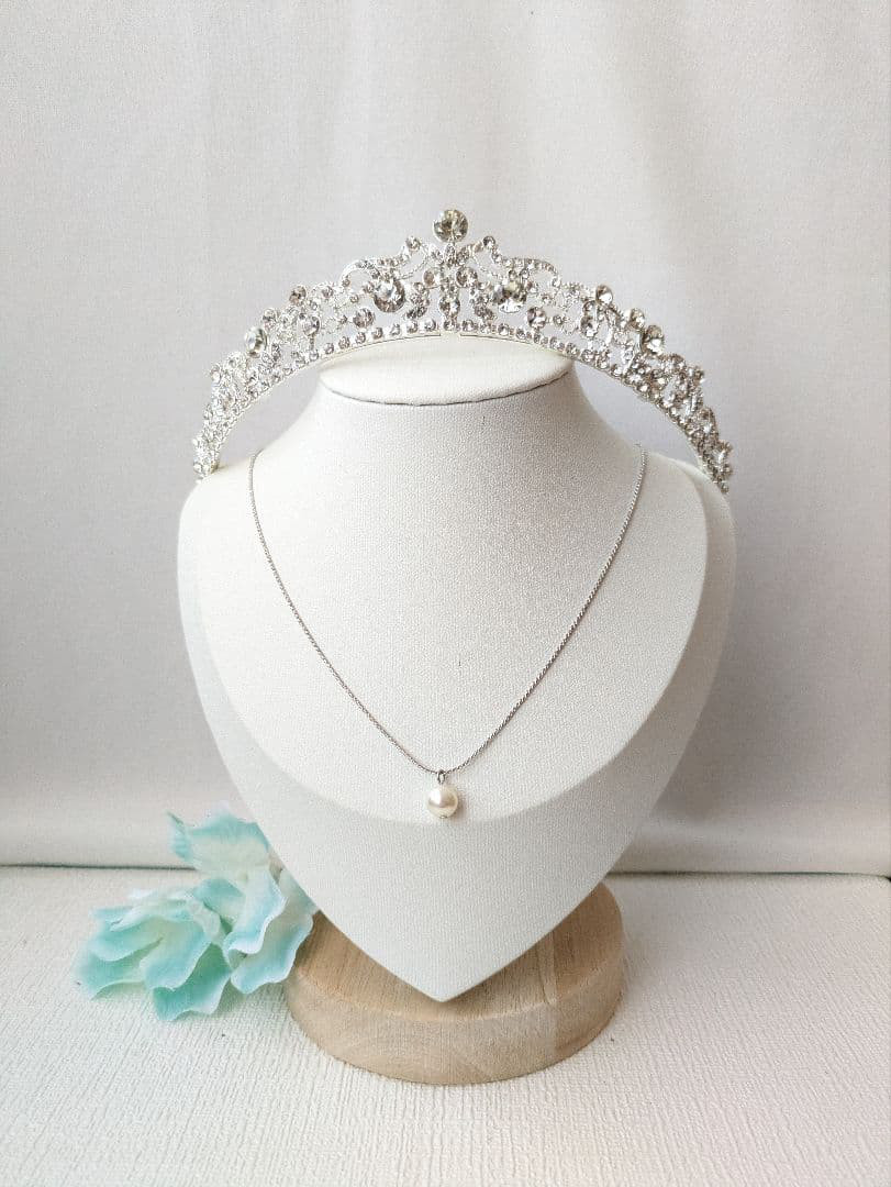 低めティアラ 一粒パールネックレス セット ブライダルアクセ 前撮り 結婚式