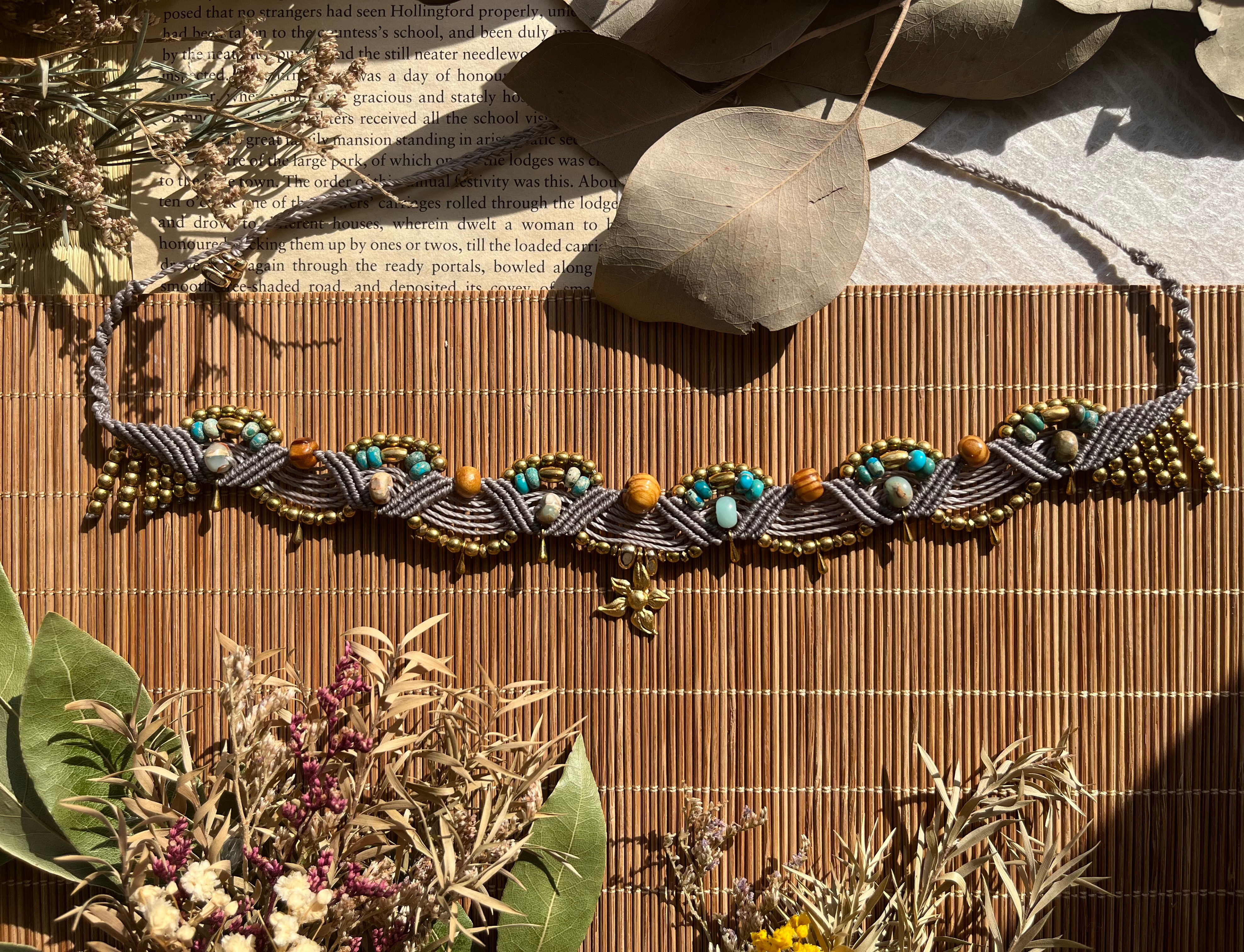 gray青海波模様＊トルコFlower top.pine.hematite.寿山石〜choker