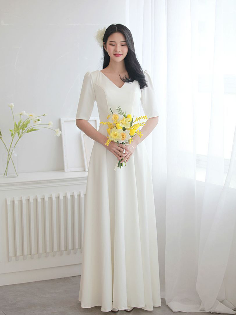 高級感 白 サテン 五分袖 ウェディングドレス シンプル 花嫁 結婚式 パーティー 披露宴 演奏会 前撮り HL1112