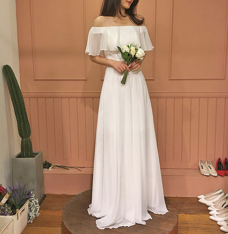 高級感 白 オフショルダー ウェディングドレス シンプル 花嫁 結婚式 パーティー 披露宴 演奏会 前撮り HL1113