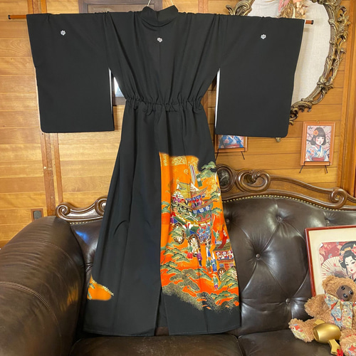 黒留袖 着物 リメイク ワンピース ドレス ロング 和洋折衷 洗える 化繊