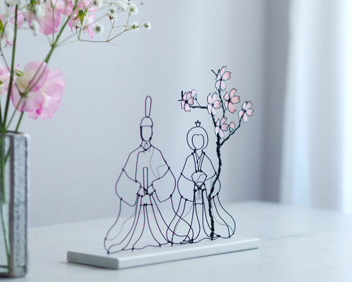 線で描く春のひなまつり ワイヤーのお内裏様とお雛様 桜のオブジェ