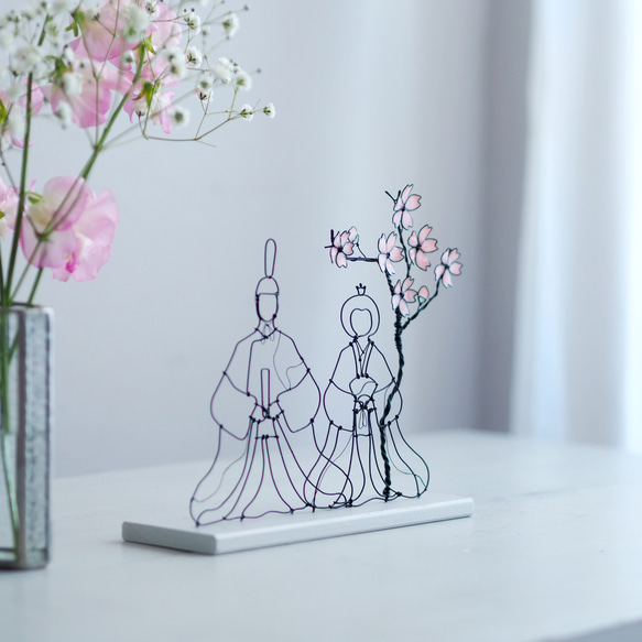 線で描く春のひなまつり ワイヤーのお内裏様とお雛様 桜のオブジェ