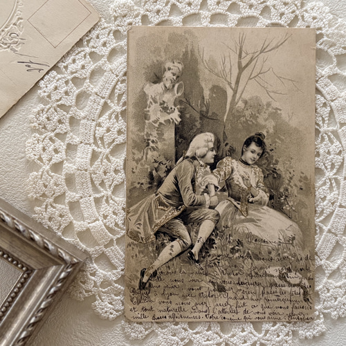 ⚫︎フランスアンティーク⚫︎朽ちた紫陽花 古い木枠の額絵〜paris⚫︎額装 古木 アンティークポストカード ロマンス柄 貴族柄 フランス 額装