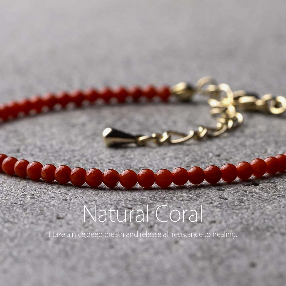 本珊瑚 レッドコーラル 天然石アクセサリー きれいめ 極細ブレスレット 3月の誕生石　- suzukaze22
