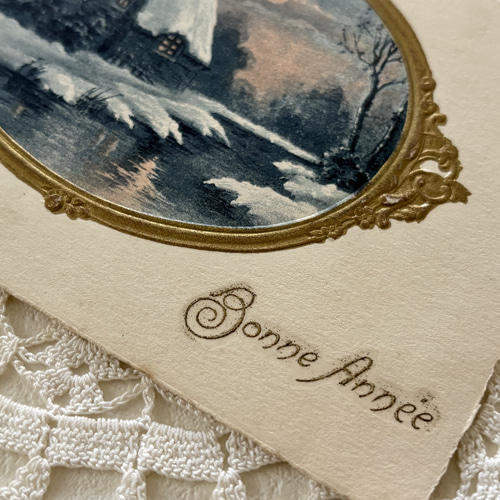 アンティークポストカード Bonne Anee フレーム 雪景色 1927年 新年