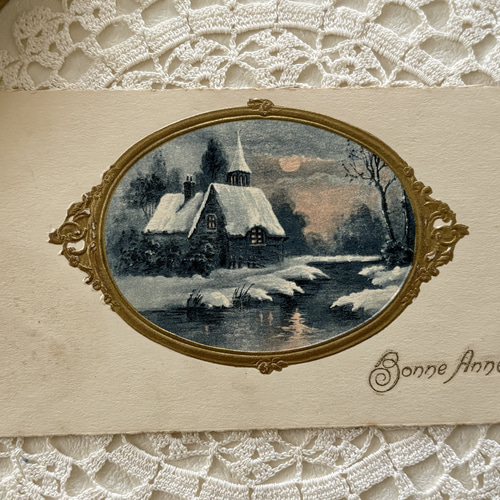 アンティークポストカード Bonne Anee フレーム 雪景色 1927年 新年