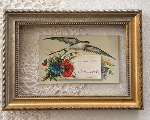 アンティーク　フランス製　メッセージカード　額付き　額絵 フランス アンティーク 小さなメッセージカード つばめ フラワー 額装