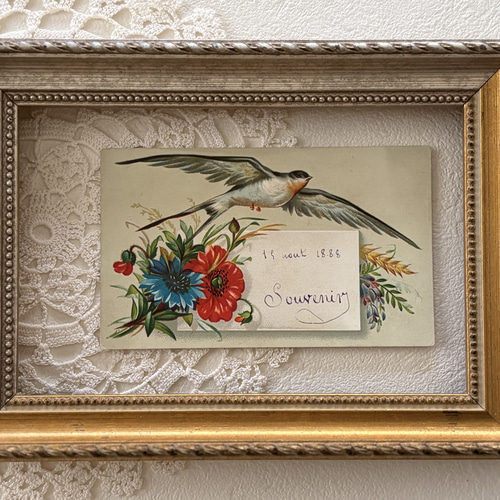 フランス アンティーク 小さなメッセージカード つばめ フラワー 額装