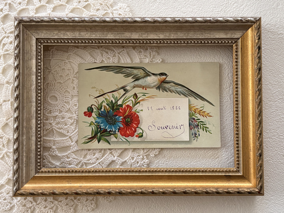 フランス アンティーク 小さなメッセージカード つばめ フラワー 額装