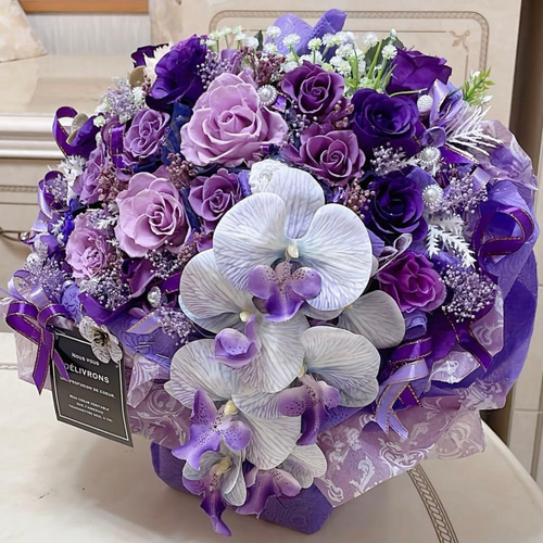 ✨特大✨紫バラミックスプリザーブドフラワー＆アーティフィシャルアレンジメント✨✨ 送料無料、ラッピング込み】✨特大✨ 大人気✨紫ミックスバラ