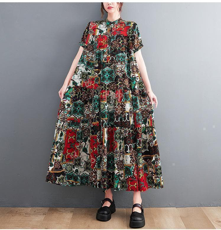 大きいサイズ　レディース　春夏秋　ロング　ワンピース　半袖