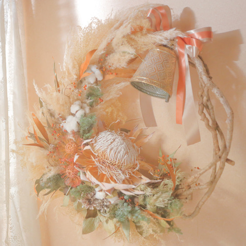 特大プロテアとパンパスグラスのリース（オプション選択可） ドライ