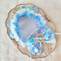 ぬい服 ヘッドドレス リボン ツイード 水色 11〜13cm ぬいぐるみ用