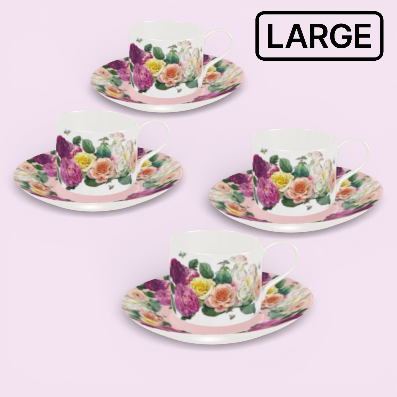 結婚祝い　母の日　11種類の和薔薇とブルービー　カップ＆ソーサー　ラージカップ　4客セット