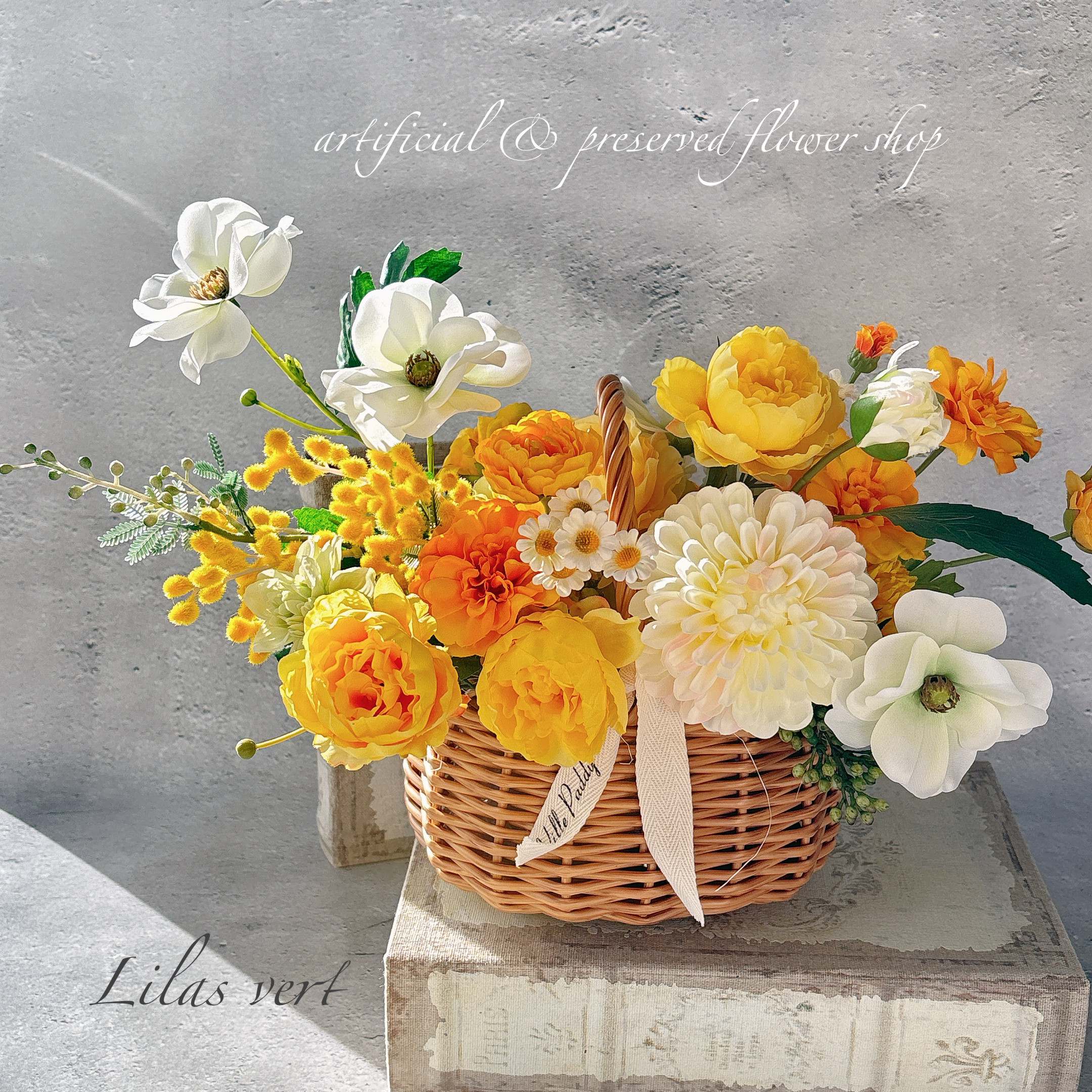 新作　春のミモザバスケット　アーティフィシャルフラワー　誕生日　新築祝　開業祝