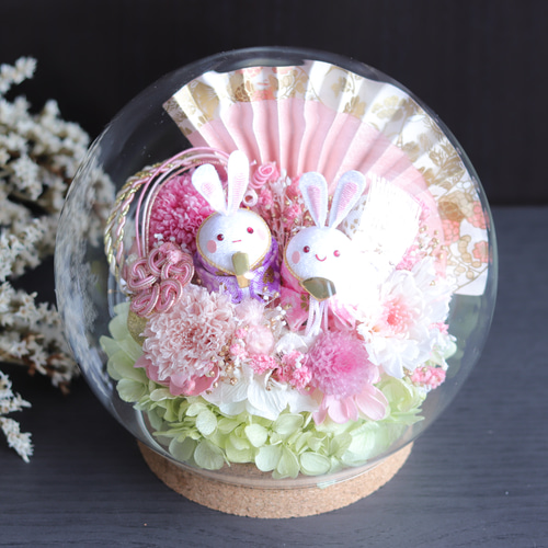 たまごウサギ雛人形のお花いっぱい雛祭り＊まぁるいコルクガラスドーム