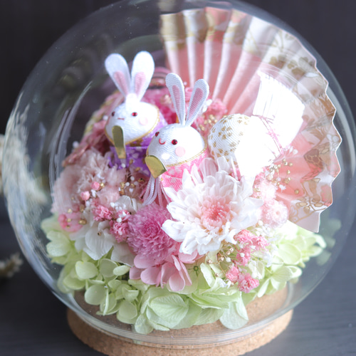 たまごウサギ雛人形のお花いっぱい雛祭り＊まぁるいコルクガラスドーム