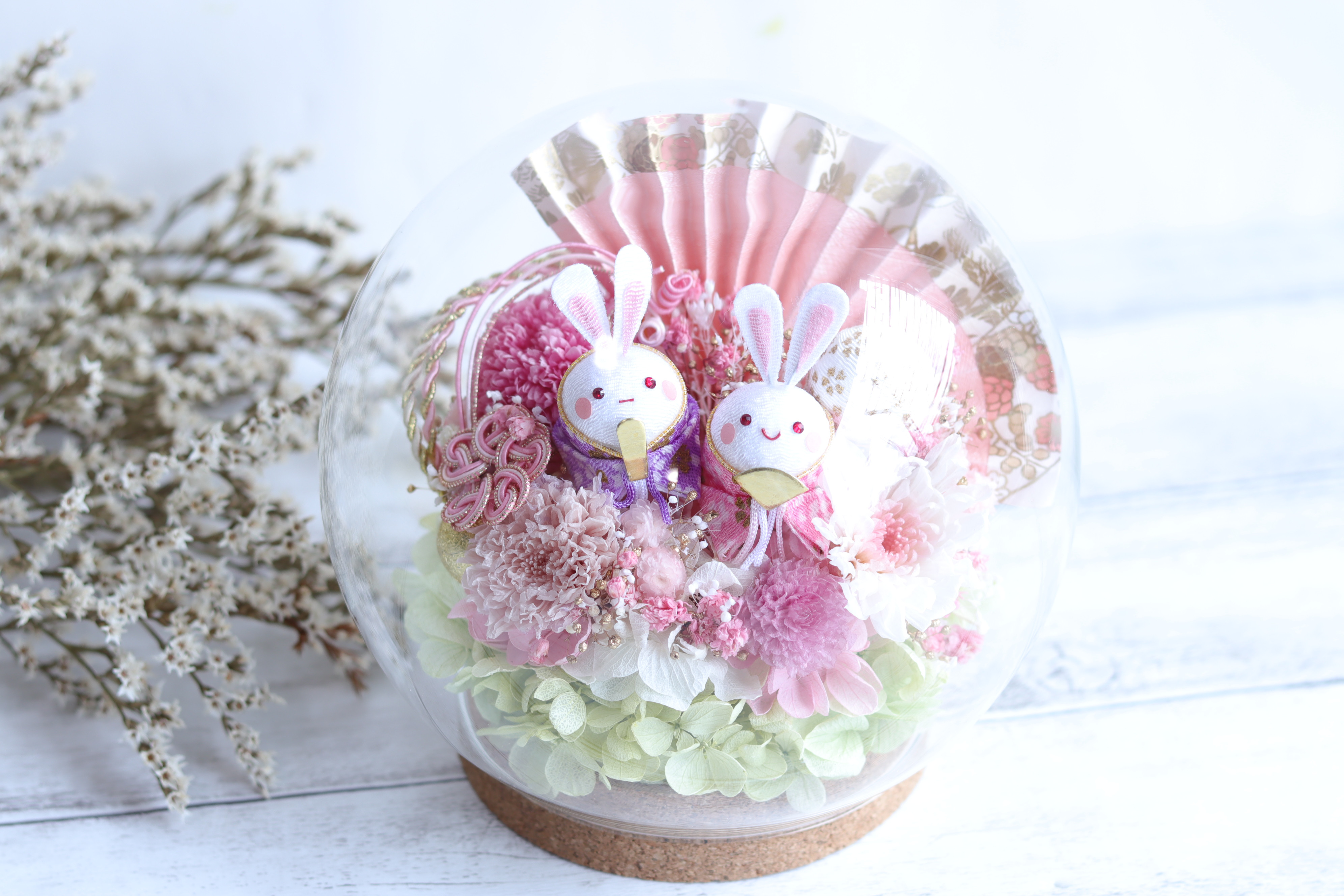 たまごウサギ雛人形のお花いっぱい雛祭り＊まぁるいコルクガラスドームＬ＊プリザープドフラワー＊初節句・桃・出産祝＊受注製作