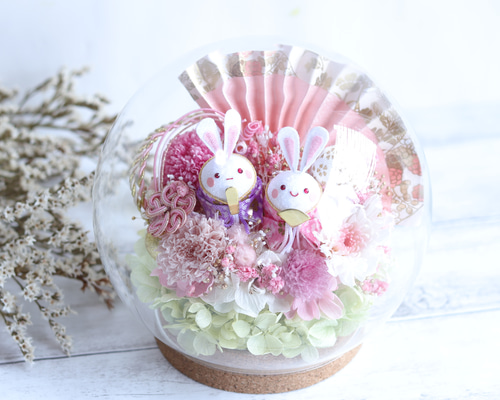 たまごウサギ雛人形のお花いっぱい雛祭り＊まぁるいコルクガラスドーム