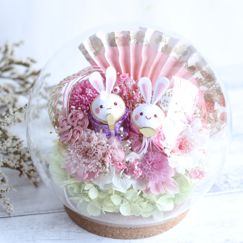 たまごウサギ雛人形のお花いっぱい雛祭り＊まぁるいコルクガラスドーム