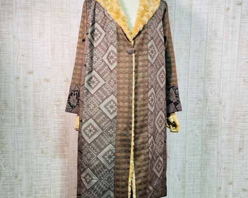 新作＊希少龍郷など茶系大島紬＆ファー立ち襟裏地付きロングコートL