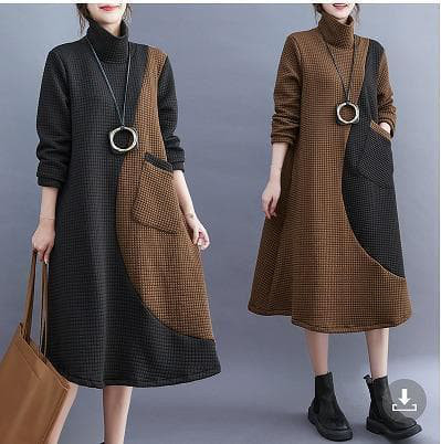 大きいサイズ レディース 秋冬 ワンピース　ハイネック　茶　新品 長袖　春