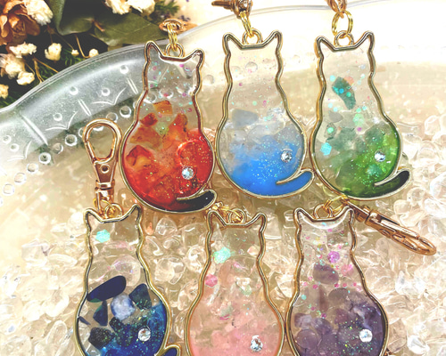 9/10、9点☆猫 キーホルダー 天然石 レジン まとめ売り ねこのねがい＊誕生石チャーム】猫モチーフの天然石入りレジン