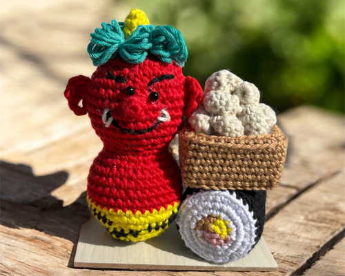 イベントシリーズ2月》節分置き飾り 赤鬼&恵方巻き&豆 かぎ針編み 季節