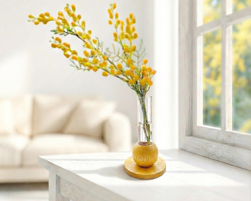 昭和のアート♡一点物　花束にまさる一輪の花♡書♡作品 春を告げるミモザの一輪挿し Spring マジカルウォーター インテリア