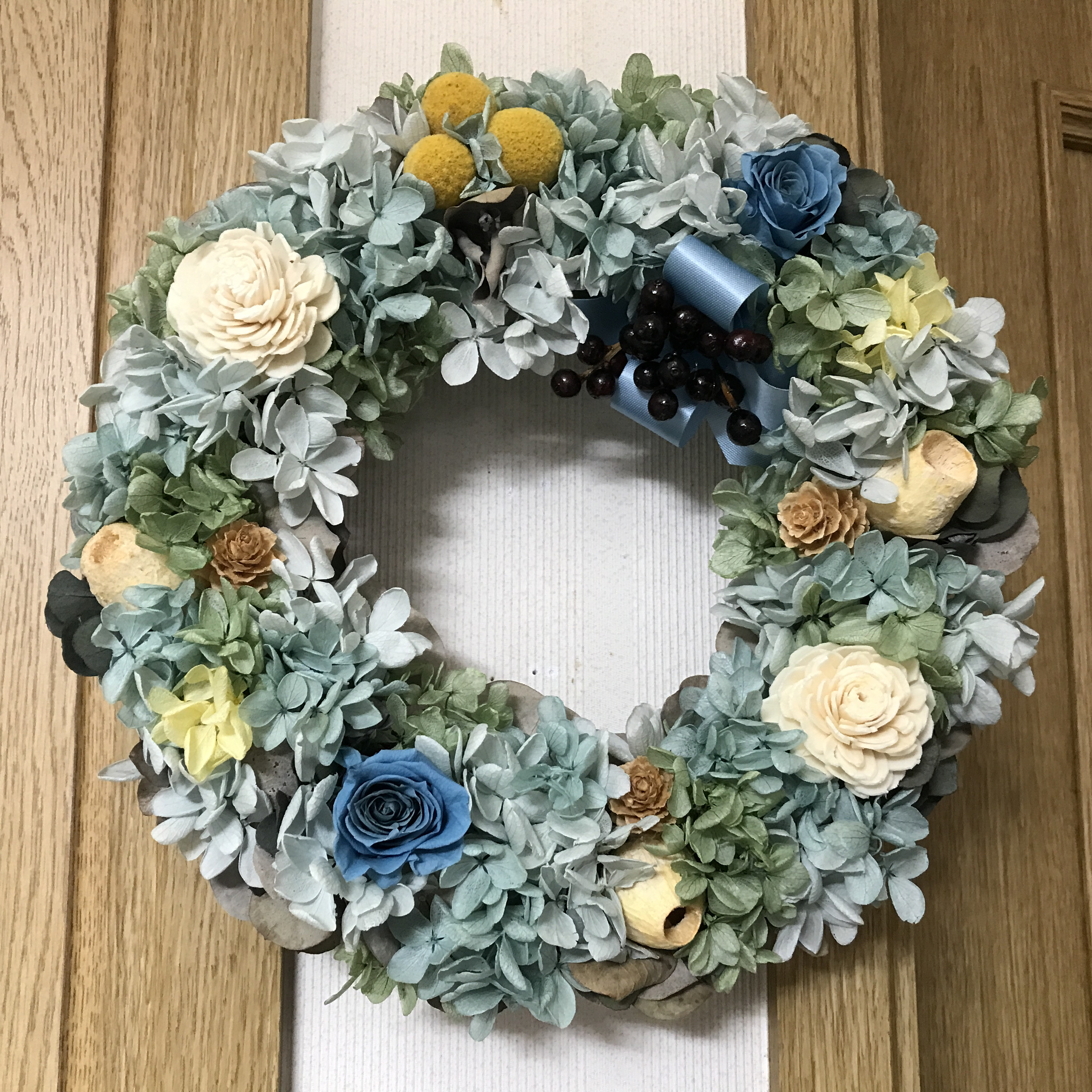 《新作＊特別価格》くすみカラーのプリザーブドローズとアジサイのブルーグリーンリース（1点限定）