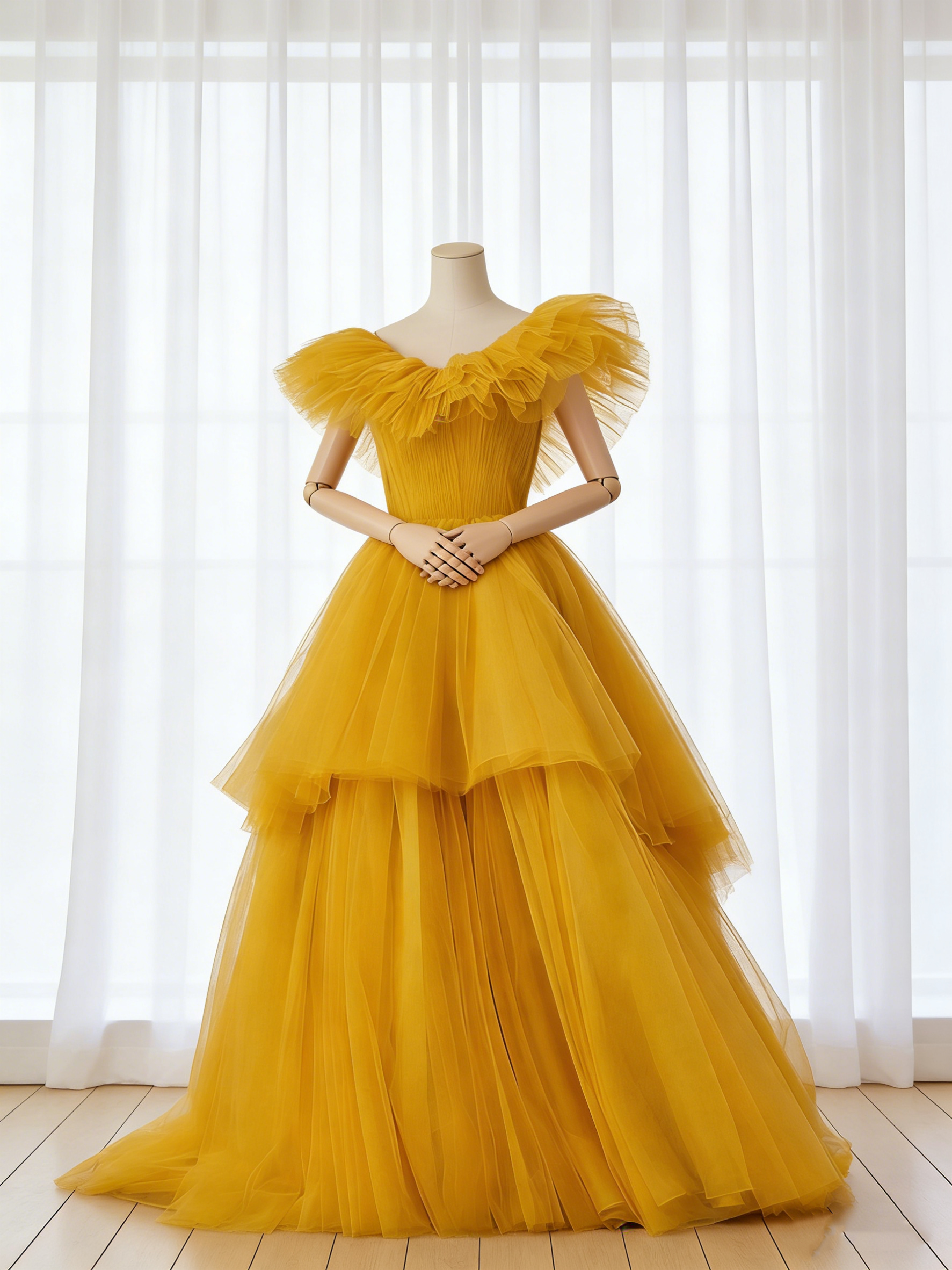 送料無料！カラードレス イエロー オンショルダードレス アシンメトリードレス プリーツドレス Vネックドレス