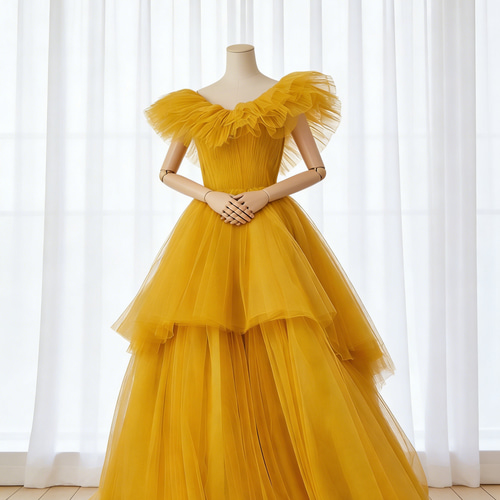 送料無料！カラードレス イエロー オンショルダードレス