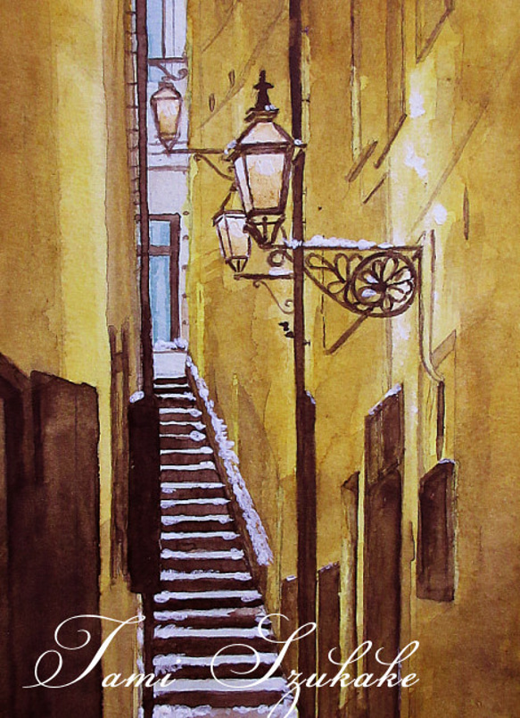 水彩画・原画「パリの雪降る裏路地」 絵画 tami suzukake 通販