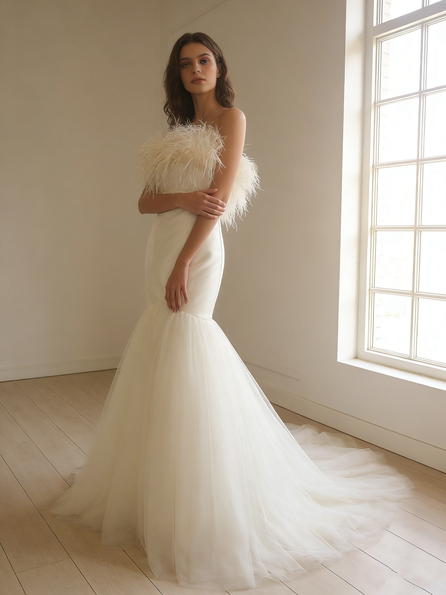 送料無料！ウェディングドレス ベアトップ マーメイドライン アイボリー フェザードレス 披露宴/結婚式