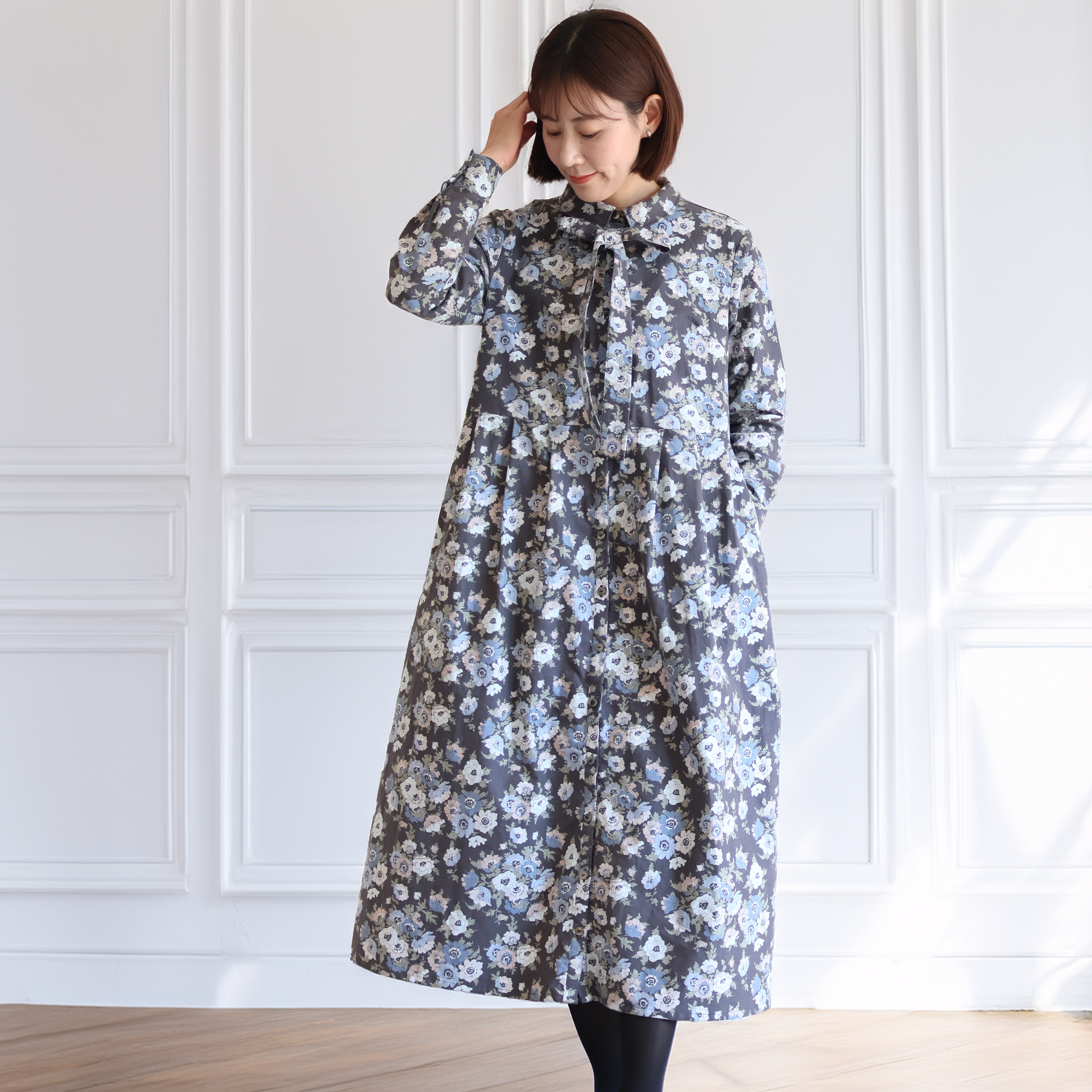 《特価品》ボウタイリボンワンピース　リバティプリント　フランネルコットン使用　日本製　レディース　シャツワンピ