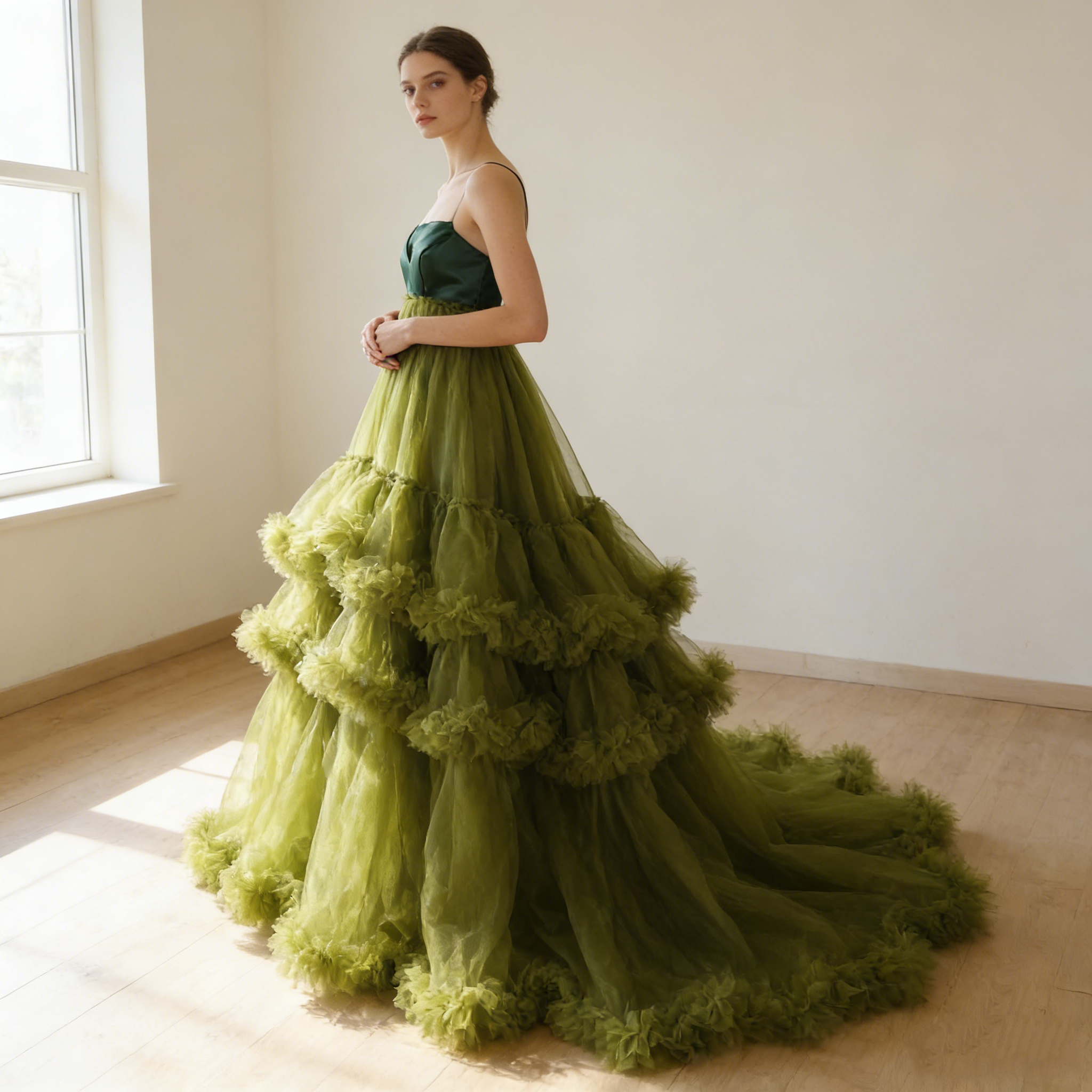 送料無料！カラードレス グリーン キャミソール もこもこドレス バックレス エンパイアライン マタニティドレス 前撮り